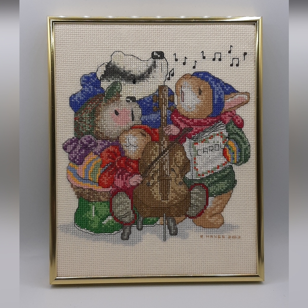 Vintage Handmade Cross Stitch Embroidery Christmas Critters Singing Framed Work